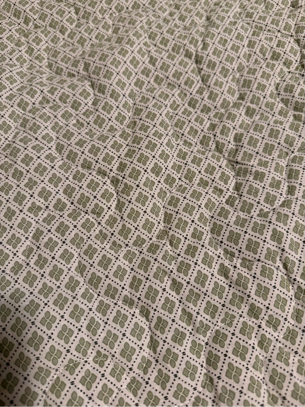 Neutral green and white Quilted Bedspread with Subtle Geometric Pattern